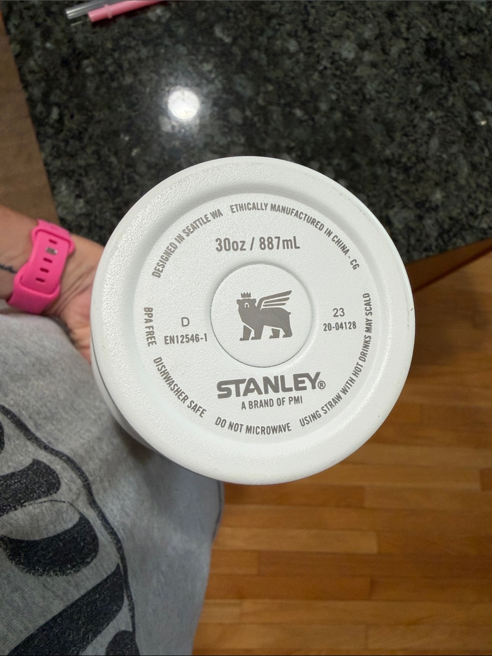 Stanley White Travel Tumbler with Green Lid and Red Handle - Picture 2 of 3
